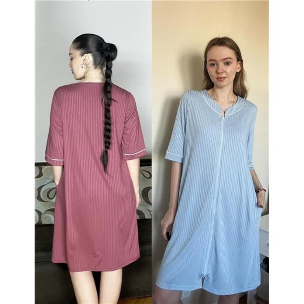 Women Robes Zipper Front 3/4 Sleeve Housecoat Zip Up Bathrobes - Picture 5 of 5